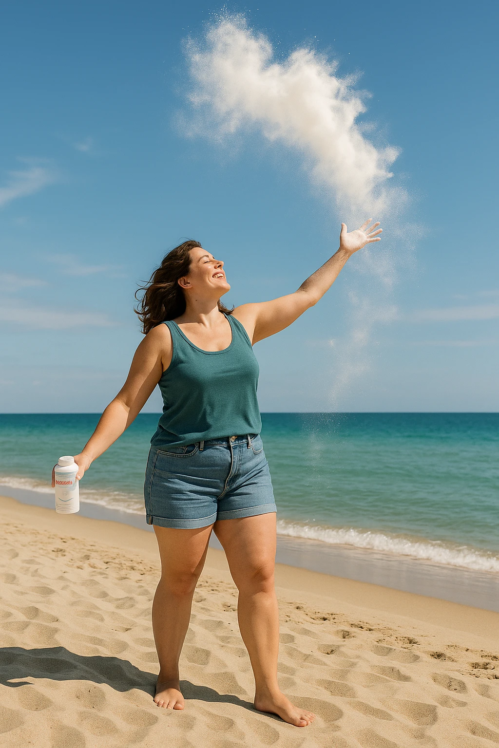 Donna in spiaggia che butta il borotalco italiano, la donna è intorno ai 66kg emoji
