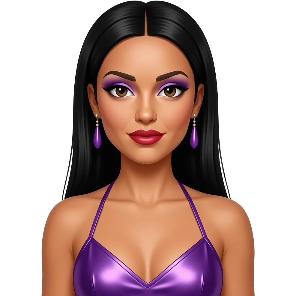 Nicole Scherzinger from The Pussycat Dolls with tan skin, dark brown eyes, long black 2000s straight hair, purple eyeshadow, red lipstick, purple metallic halter dress, earrings emoji
