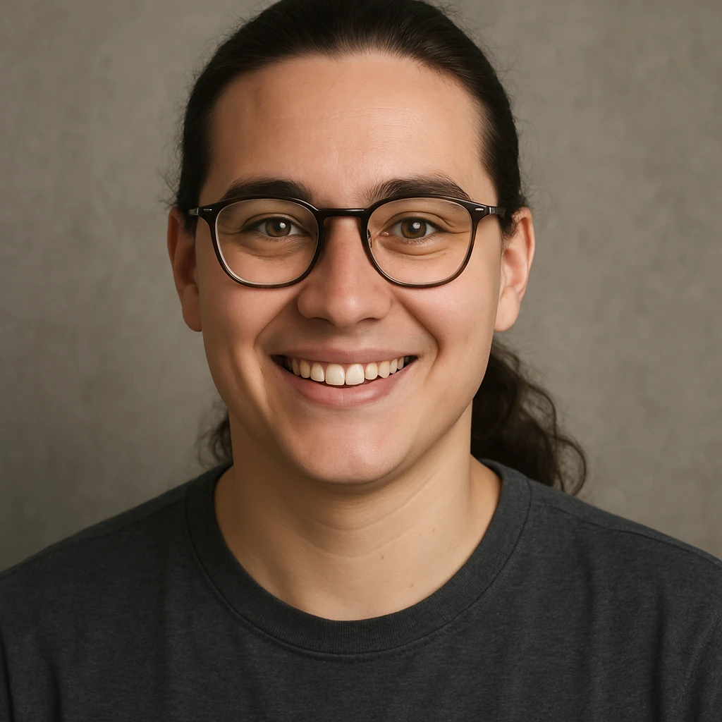 upper body portrait of a person with long pulled back dark brown hair, hazel eyes, and glasses, smiling emoji
