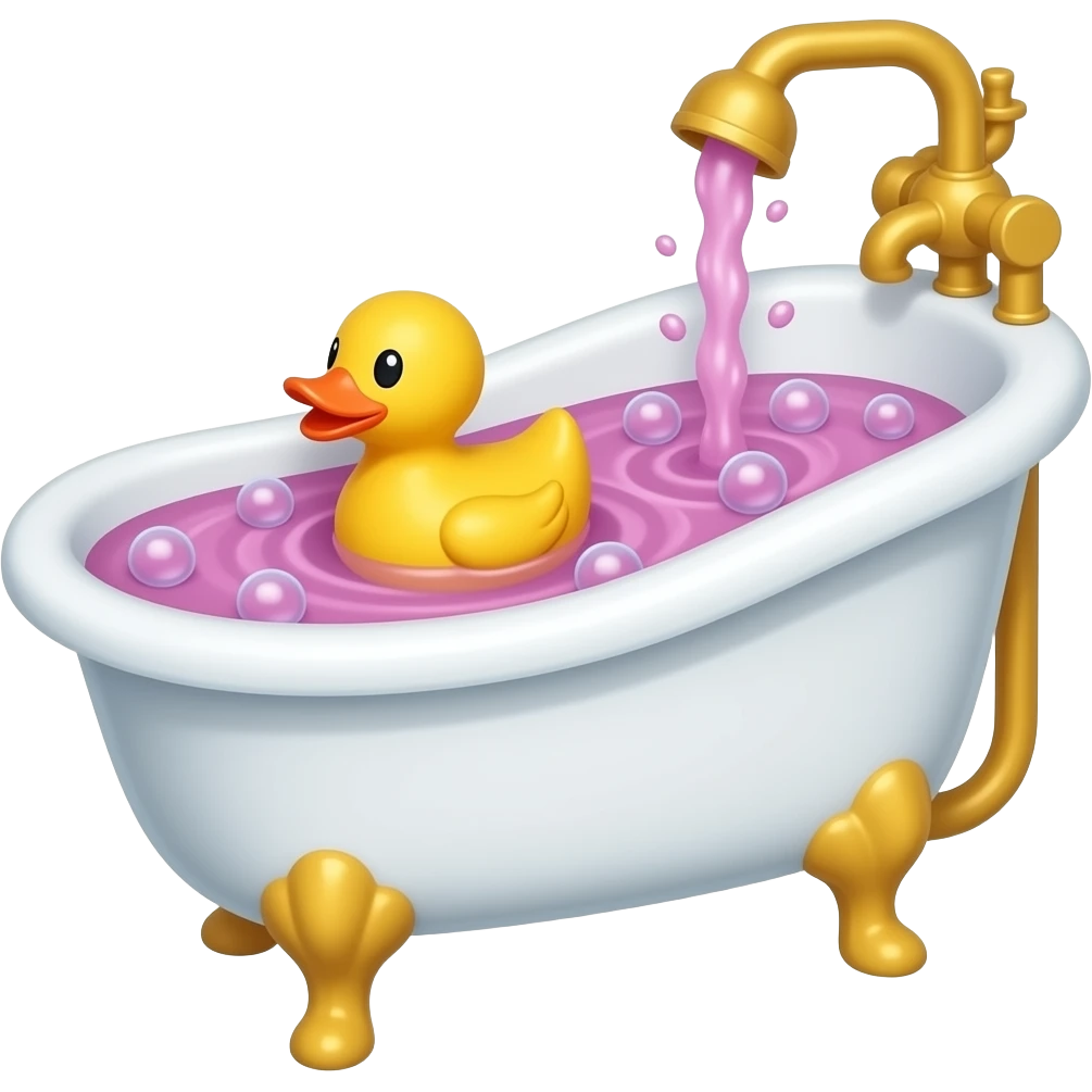 Bath tub with a small rubber duck on the pink and purple mix bubble water emoji emoji