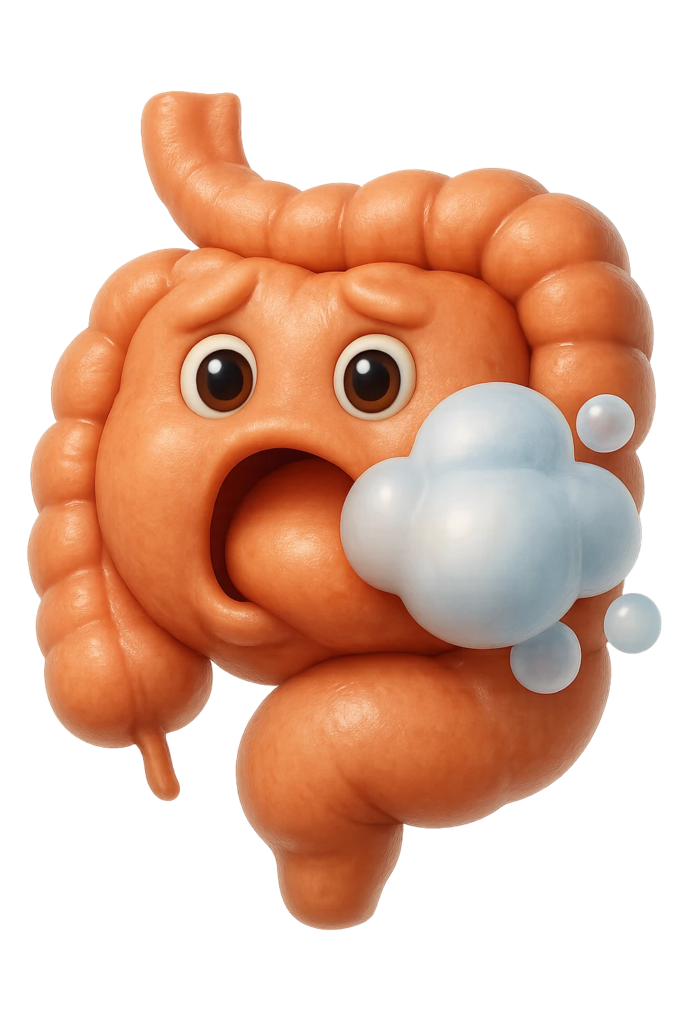 emoji stile iphone di un intestino che ingoia una nuvoletta di aria ben visibile e gli si gonfia la pancia, non fargli il naso, iperrealistico 4k emoji