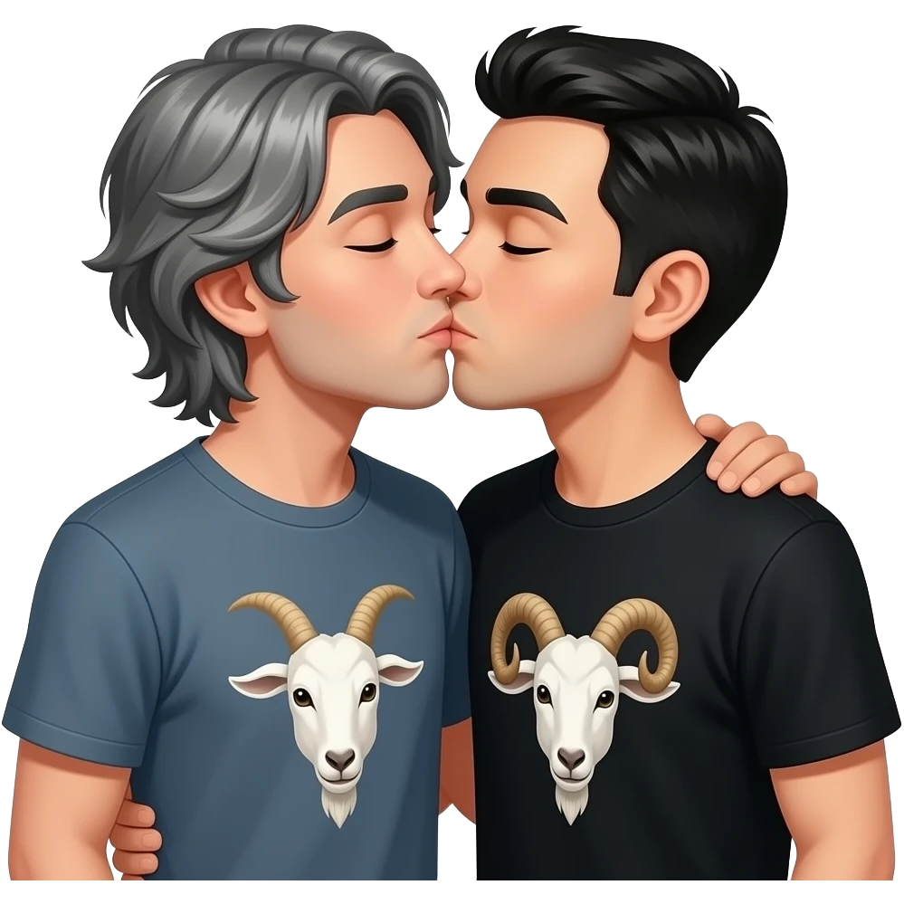 Two guys kissing passionately, one with a goat tee medium growth and gray hair and the other guy black hair with a black goat tee emoji