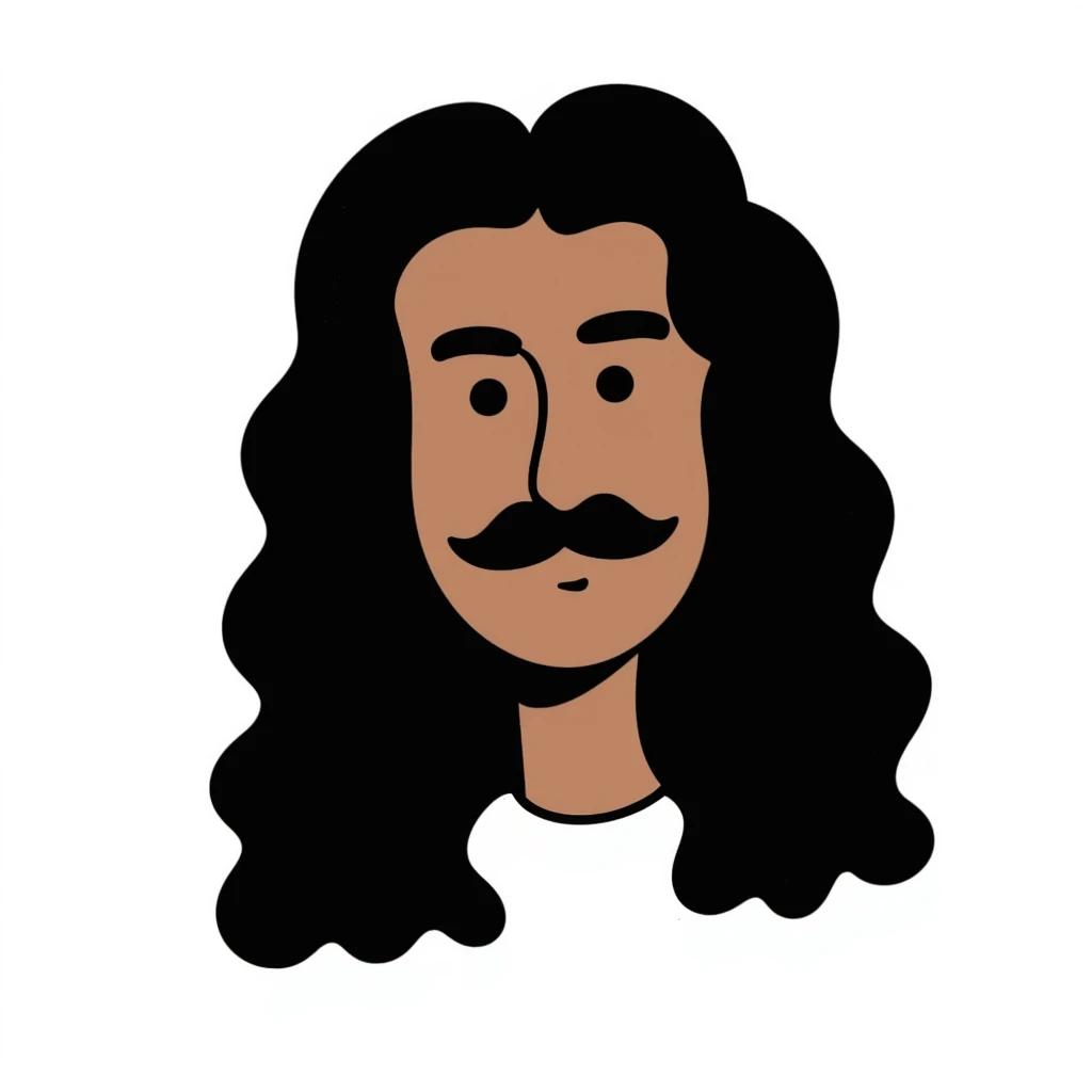 man with long black hair, mustache, no beard, brown skin emoji