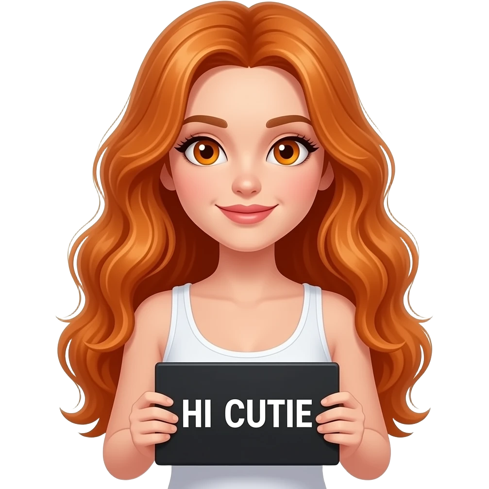 sexy girl with long wavy ginger hair and ginger eyes wearing a white tanktop is holding a black colored sign with HI CUTIE written on it emoji