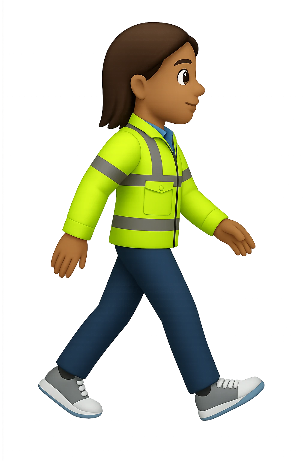 Edit the image to depict a full-body person walking, wearing a high-visibility vest, no hard hat, wearing trainers, in the style of apple emojis, with no background (transparent). emoji