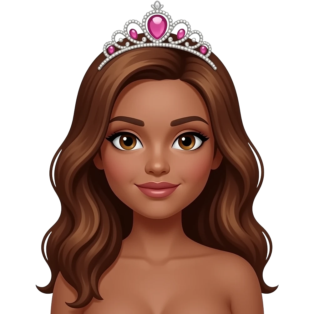 hair with pink tiara, Dark brown eyebrows,Dark brown skin, Doll shaped face, doll eyes, wavy with side part longer straightened auburn hair, big breast no bra emoji