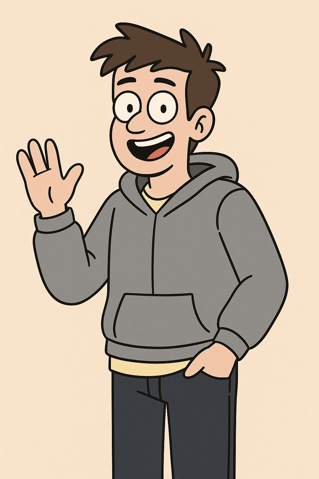 Pastel Yellow shirts Pacific Grey Hoodie dark blue jeans pockets a hand say hello emoji