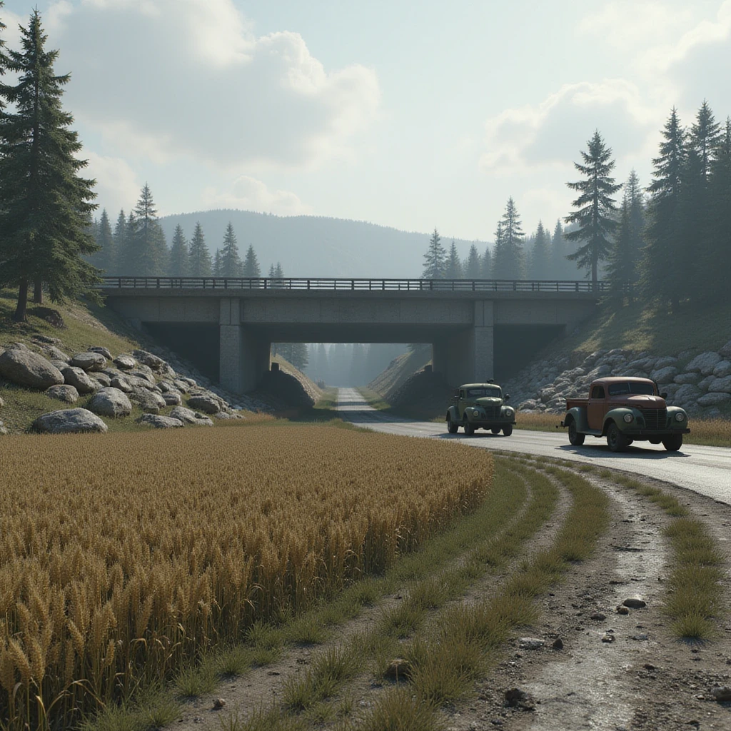  a screenshot of a location in a videogame  the image of the scene consists of:  [above-ground freeway partially collapsed], a wooded area, a small field of wheat, sandbag barricades. distant smoke. uneven terrain, derelict vintage work trucks, more distant smoke. polluted and war-torn emoji