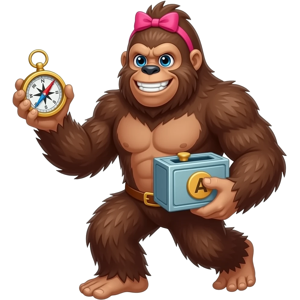 Full body walking sasquatch with pink bow in hair holding a compass in 1 hand and bank in other hand emoji