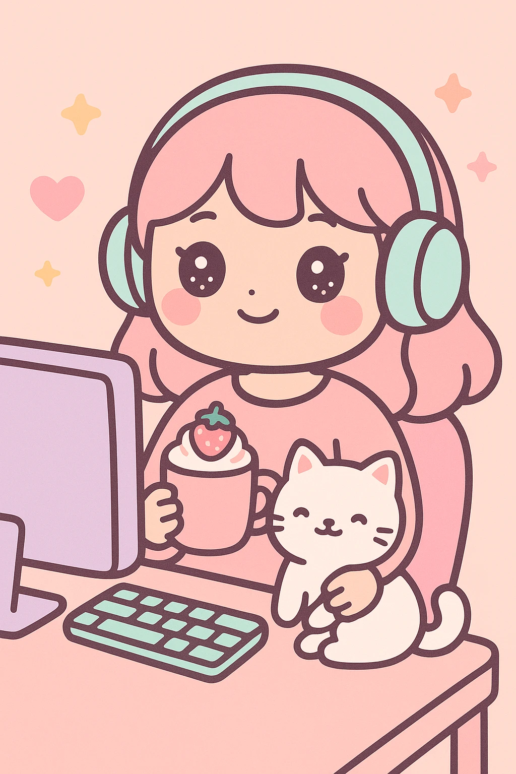 kawaii style chill girl sitting at a computer table, listening to music with headphones, holding a cup of strawberry cappuccino, her cute white cat sitting on her lap, pastel colors, cozy atmosphere, simple background emoji