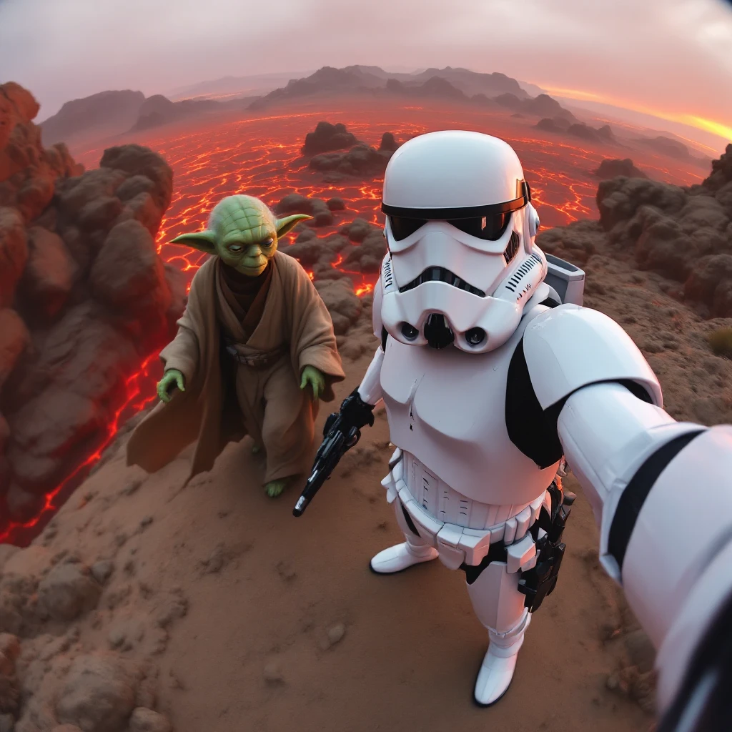 Camera POV, Starwars stormtroopers vlogging selfie, he is walking on lava planet with yoda emoji