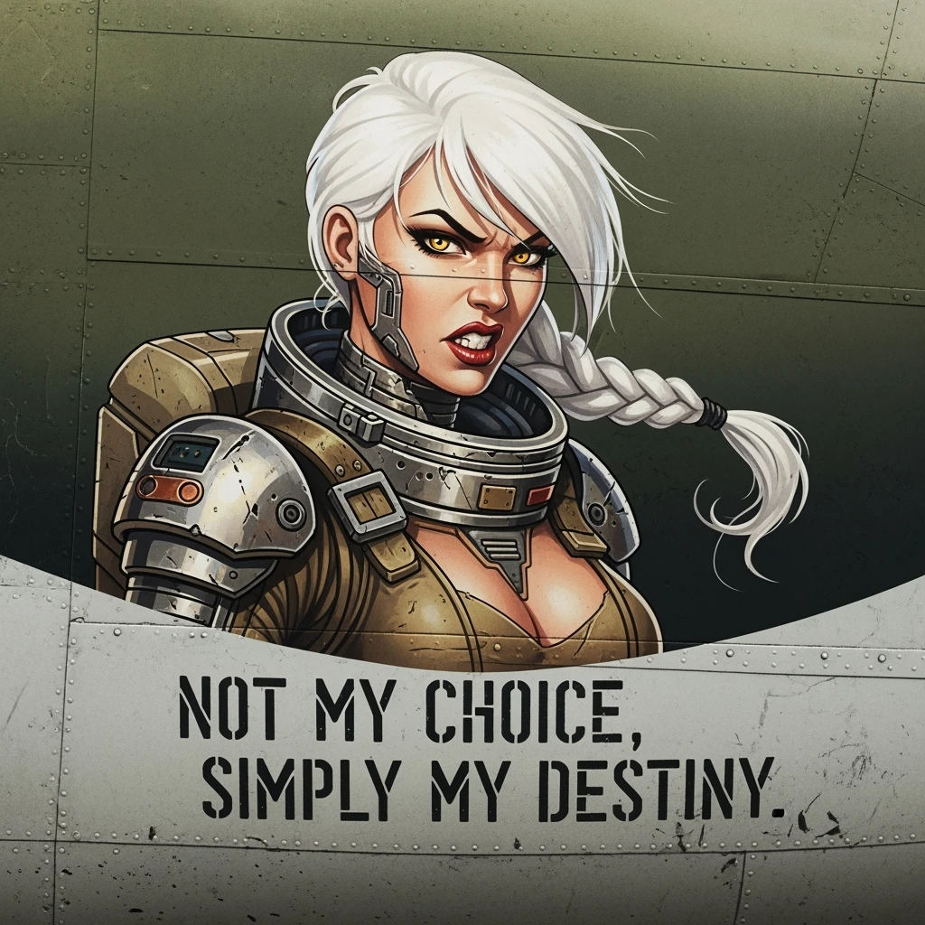 a retro military pinup fuselage decoration for the motto " not my choice, simply my destiny "
the female figure, white hair 1 braid, gold yellow eyes, spacer, fierce, exo-pirate, menacing emoji