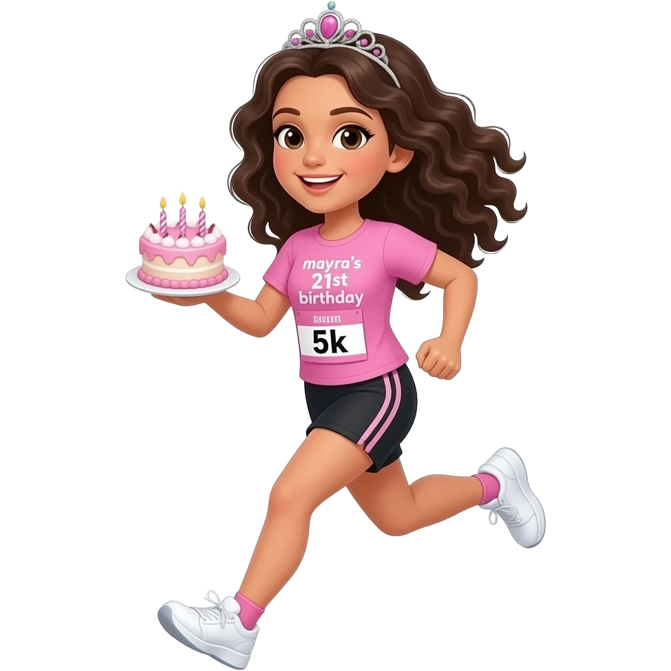 white skin girl with long dark brown curly hair running wearing black shorts, a pink tshirt with “mayra’s 21st birthday” letters on it, white sneakers, tiara, and 5k run bib while holding a mini pink birthday cake emoji