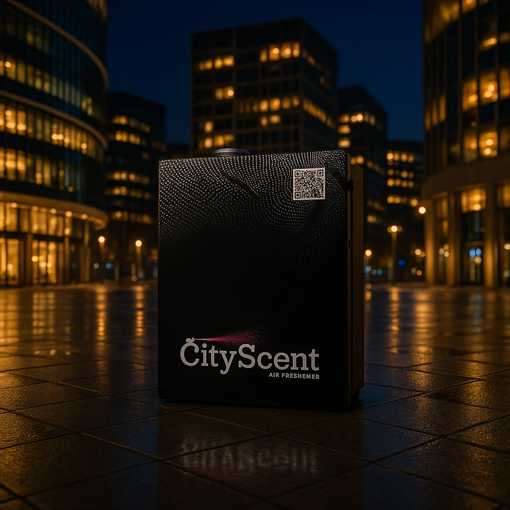Place this exact CityScent air freshener machine in the middle of a city square at nightfall, with city lights reflecting on the pavement and modern architecture, no people, focus on the machine. The style should be realistic and detailed to highlight the machine in the night city square environment. emoji