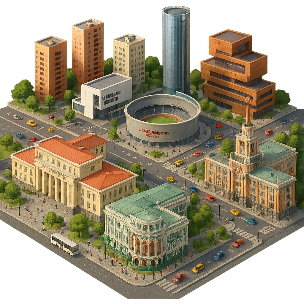 Изометричная миниатюрная фотореалистичная 3D модель Екатеринбурга - Дом Севастьянова, Ельцин-центр, Уральский федеральный университет, дома, Екатеринбург Арена, Медный дом, Здание Свердловского городского совета народных депутатов четкая детализация, яркие цвета, мультяшный реализм, люди, автотранспорт, компактная композиция, вид сверху в изометрии, прозрачный фон emoji