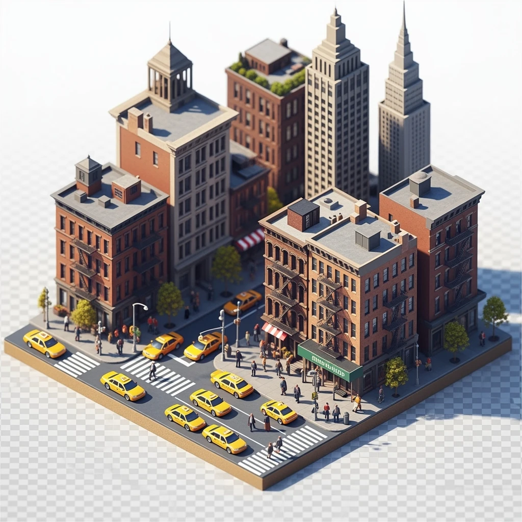 Isometric miniature of New York 3D miniature effect and Tilt Shift effect, no cartoonish look, transparent background. emoji