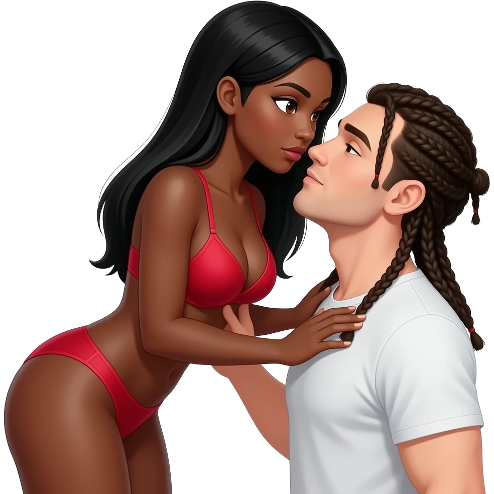 Lightskin black woman with brown eyes & long black straight hair wearing only a sexy red bra bent over having sex with a skinny white man with braids that come down to neck emoji