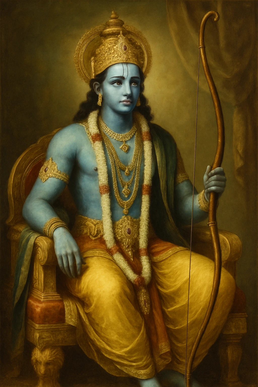 Lord Srirama classical painting style, detailed ornaments, royal posture, holding a bow, soft lighting, rich colors emoji
