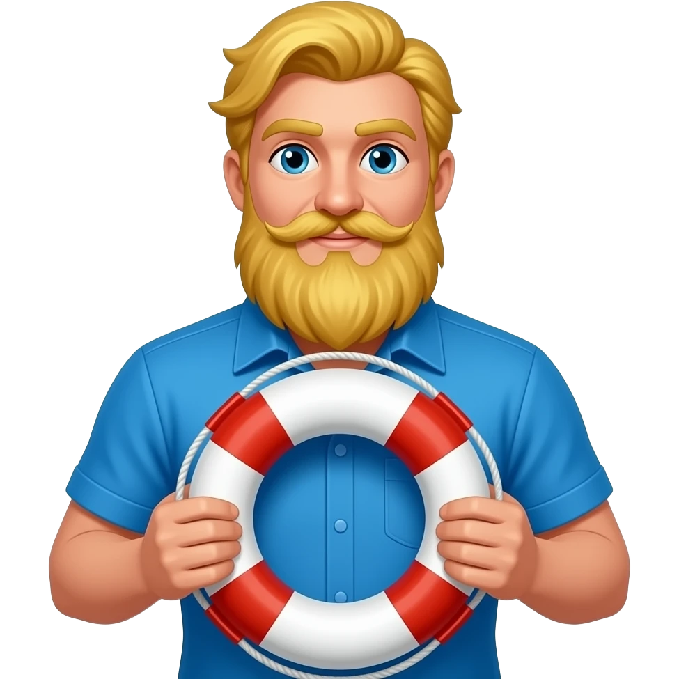 a man with long mostache golden hairs  wear a vibrant blue shirt and holding a life preserver in hands emoji