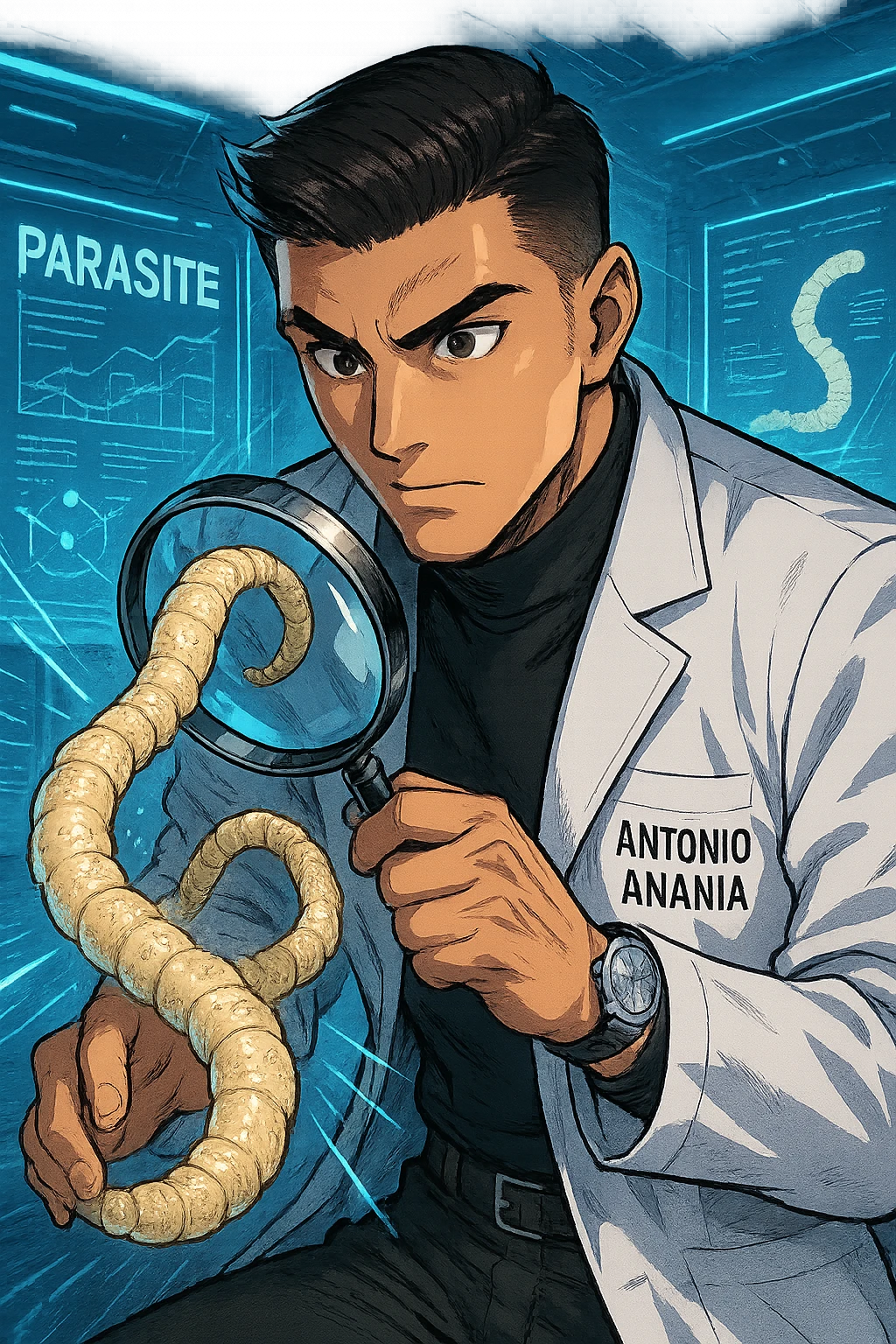 A dynamic manga/webtoon-style illustration of a young male kinesiologist wearing a clean white lab coat, analyzing light beige worms like a tapeworm under a magnifying glass. His expression is focused and slightly intrigued, with sharp, detailed eyes. The art style is vibrant, with bold linework, rich colors, and dramatic lighting. The background is a futuristic laboratory with glowing holographic screens displaying parasite data. The tapeworm is intricately drawn, slimy and segmented, with a slightly exaggerated yet realistic texture. The composition is dynamic, with motion lines or energy effects to emphasize his scientific investigation. The atmosphere is intense but not dark, keeping a balance between scientific seriousness and stylish manga aesthetics, he has "ANTONIO ANANIA" WRITTEN ON WHITE LAB COAT emoji