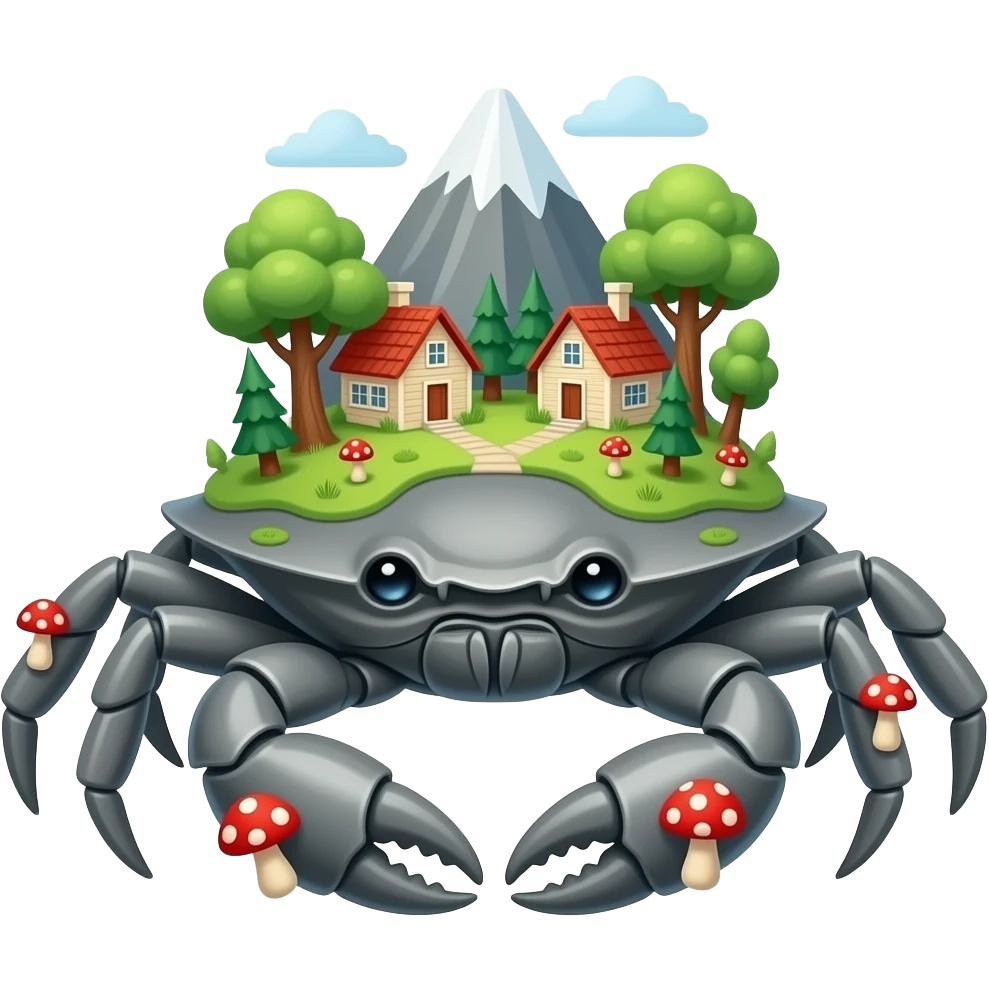 A Gray crab with houses on top of its  in trees on it and also with mushrooms on it  facing forward Giant by a mountain emoji