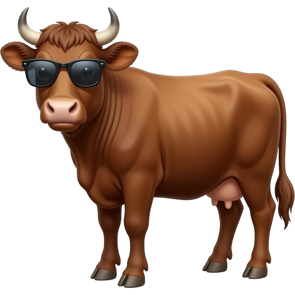 a  brown wagyu cow but look at camera with a little smile but look cool and wear sunglasses emoji