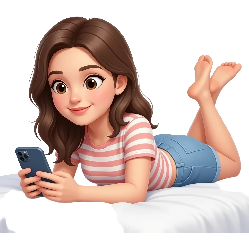 침대에 누워서 휴대폰을 보고 있는 캐주얼한 스타일의 귀여운 20대 여성 이모지 emoji