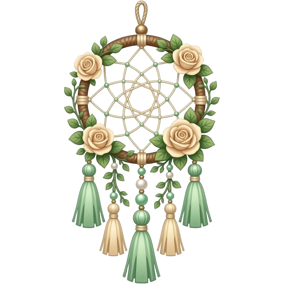 Hippie-like Cute dainty neat Pastel Green-white-brownish-beige-gradients thread-rope-hanging dreamcatcher, pastel colors, whitish, light, green academia aesthetic, mossy, with green vines and beige roses, Cottagecore, Princesscore, shiny glistening, vintage, pearls, tassels emoji