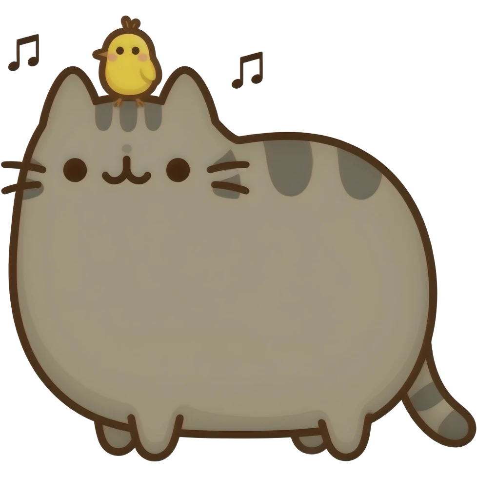 pusheen the cat with a small yellow bird on his head, listening to music. the image must be a transparent .png emoji