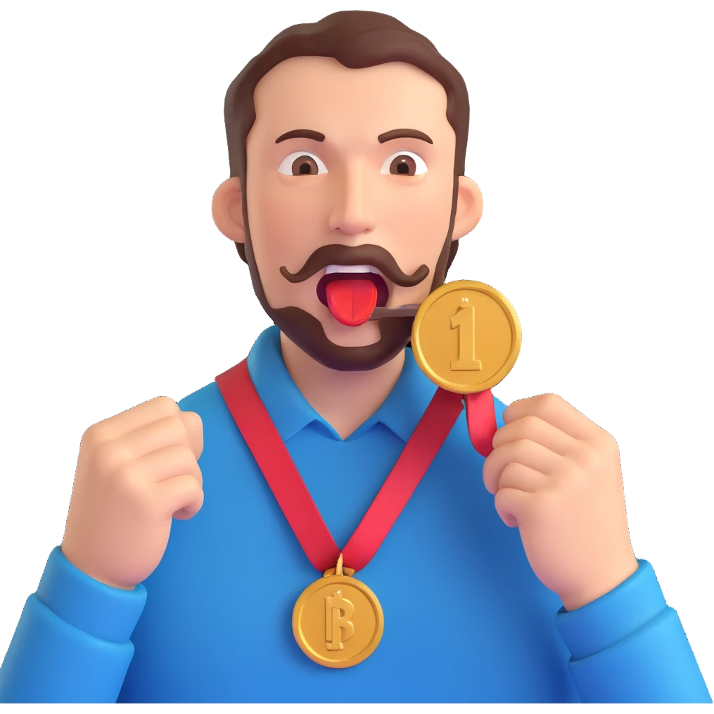 a man holding an iron medal near his mouth, about to bite emoji