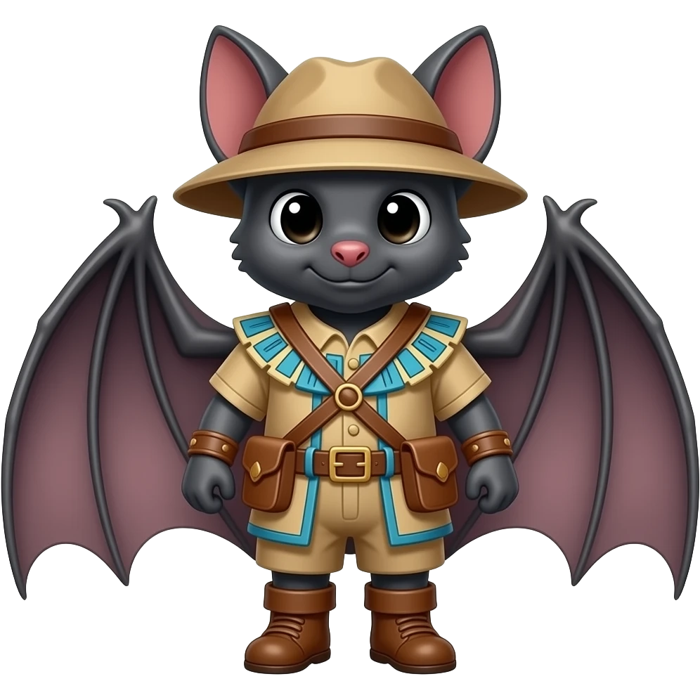 A bat dressed in medieval mayan explorer outfit. Full body. No wings. Without wings emoji