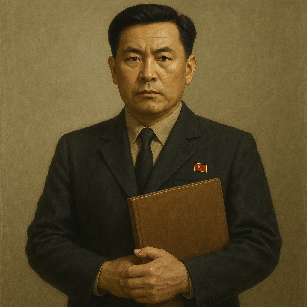 Official portrait of a North Korean man, head of the hull production workshop at a shipyard, serious and formal style, dark suit, neutral background, confident and focused expression, style inspired by Soviet and North Korean official portraits, with a different face and holding a folder in his hands emoji