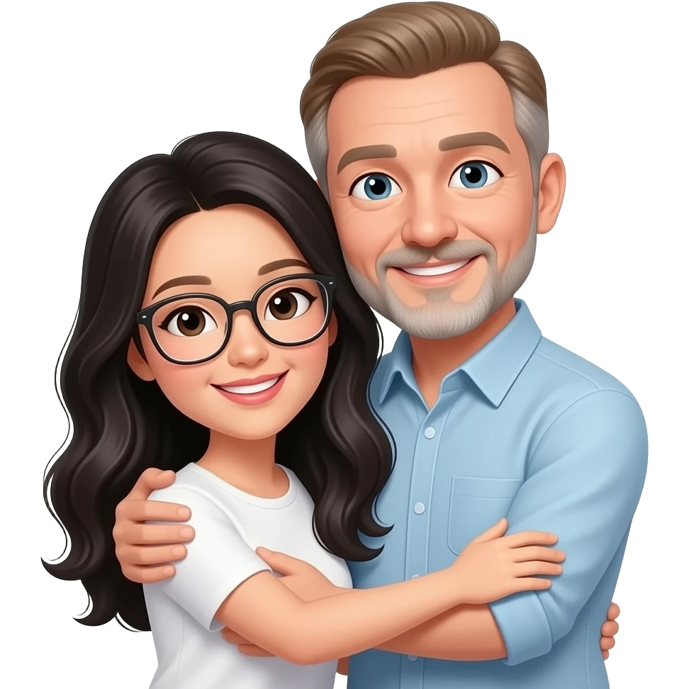 A slim white man with thinning light brown hair, moustache and graying beard, embracing a chinese woman with long black wavy hair and glasses emoji