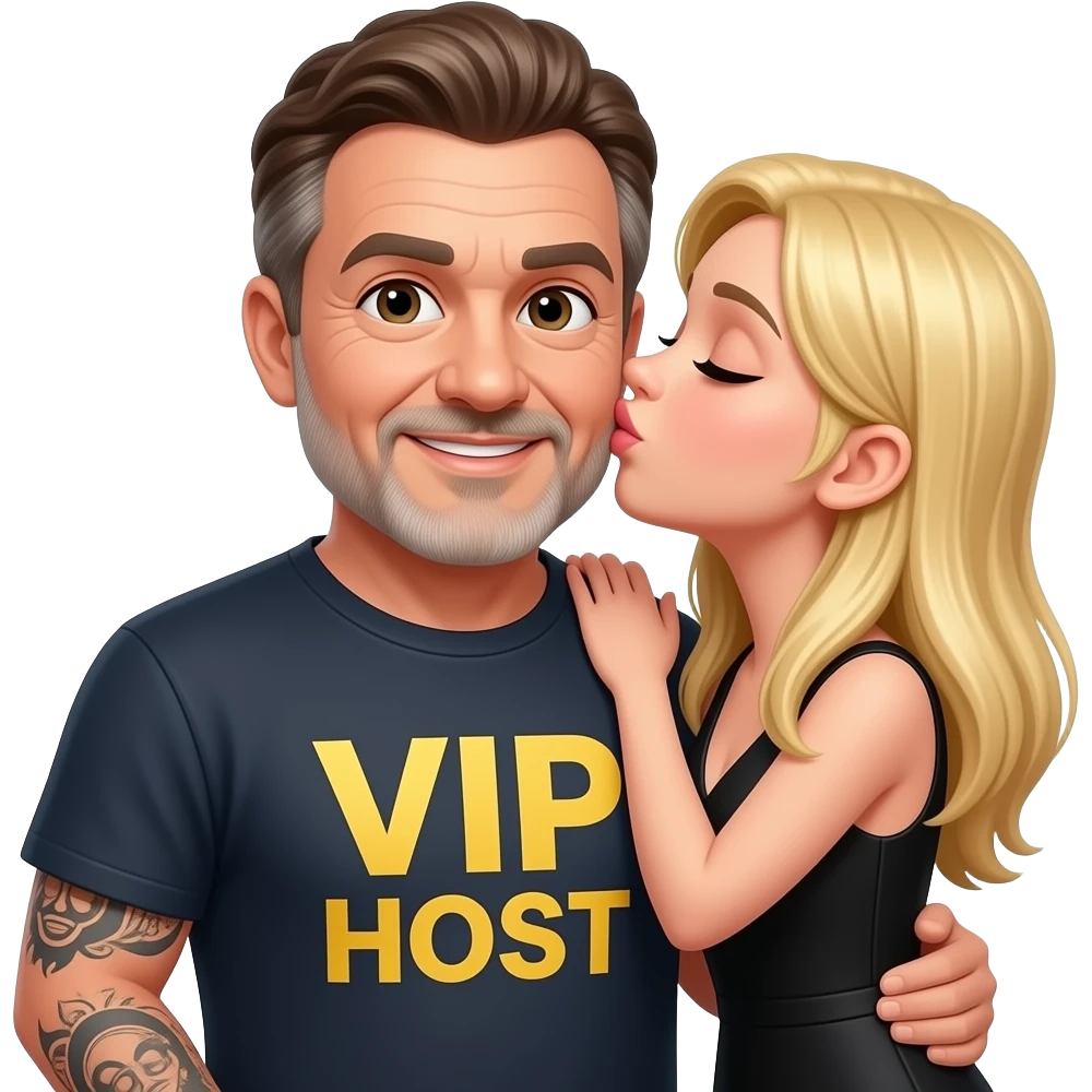 older man with brown hair with tattoo on arm shirt says VIP HOST with blonde girl in black dress kissing his cheek emoji