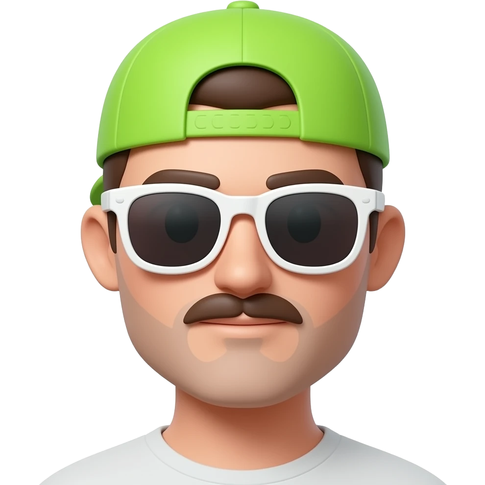 Emoji estilo iOS 3D de un avatar masculino inspirado en la estética 'Ferxxo'. Incluye gafas de sol blancas, gorra de color verde neón, un bigote proporcionado y recto. El diseño debe ser minimalista, con iluminación de estudio suave y sombras paralelas realistas sobre un fondo blanco limpio. emoji
