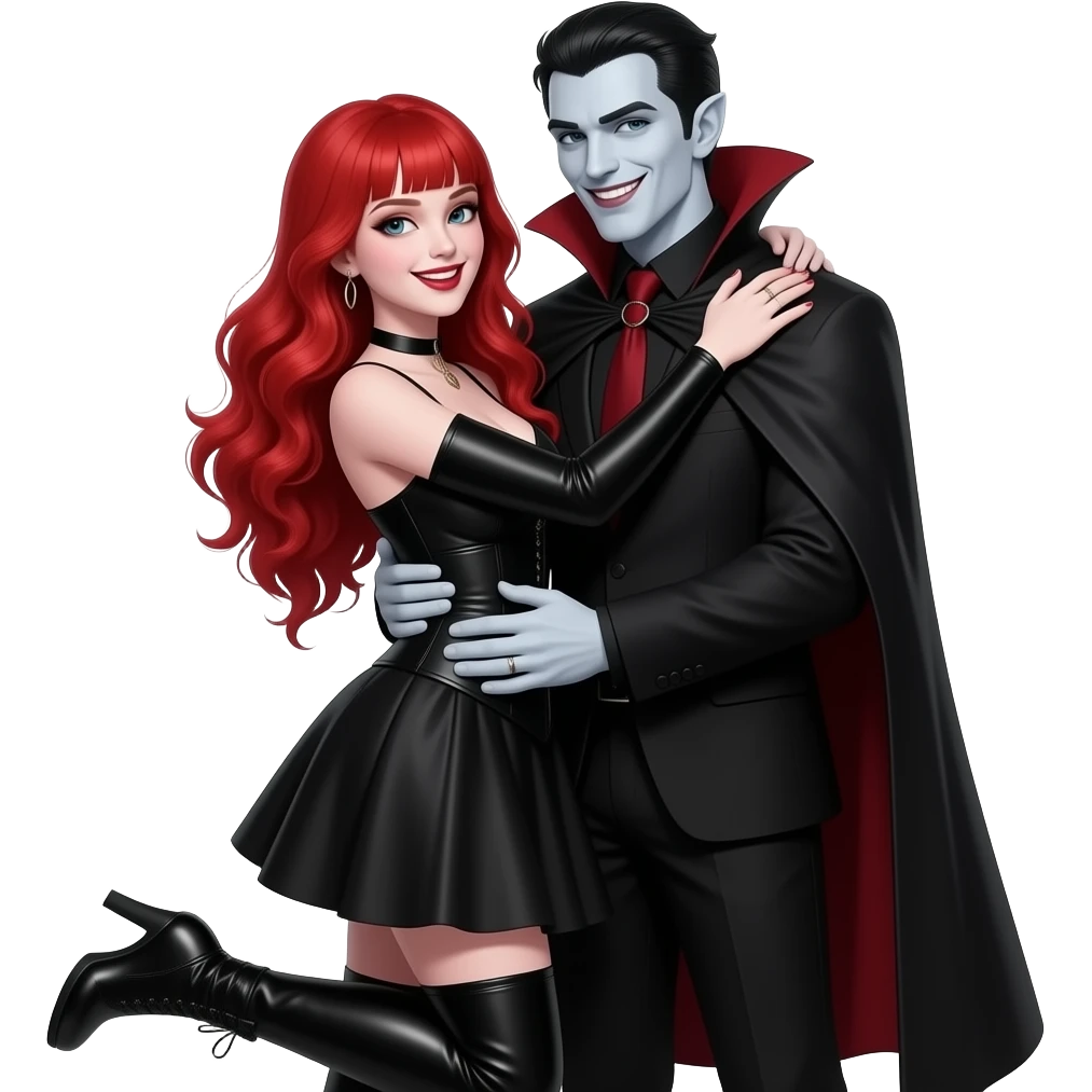 Vampiro femmina  con pelle bianca capelli lunghi  rosso fuoco ondulati e la frangetta che indossa una vestito stretto in vita e largo sotto nero con maniche lunghe e anfibi che arrivano alle ginocchia che sta abbracciando il PADRE vampiro sorridendo emoji