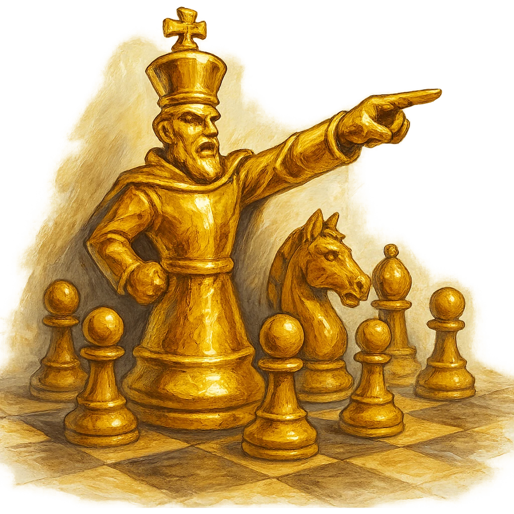 В cлегка рисованной, но при этом объемной, яркой и фотореалистичный стилистике сгенерируй картинку где по центру стоит шахматный король сделанный из качественного золота, он указывает пальцем в даль как военноначальник, а рядом фигуры пешек, конь, ладья, слон идут в атаку, на полу виднеется шахматная доска, фон позади фигур прозрачный фон emoji