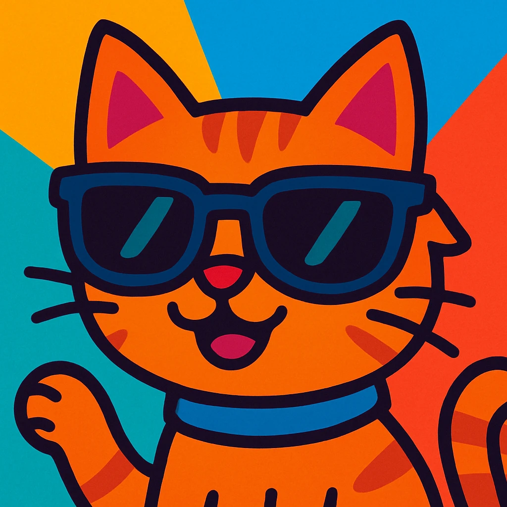 whimsical cat wearing sunglasses, vibrant cartoon style emoji