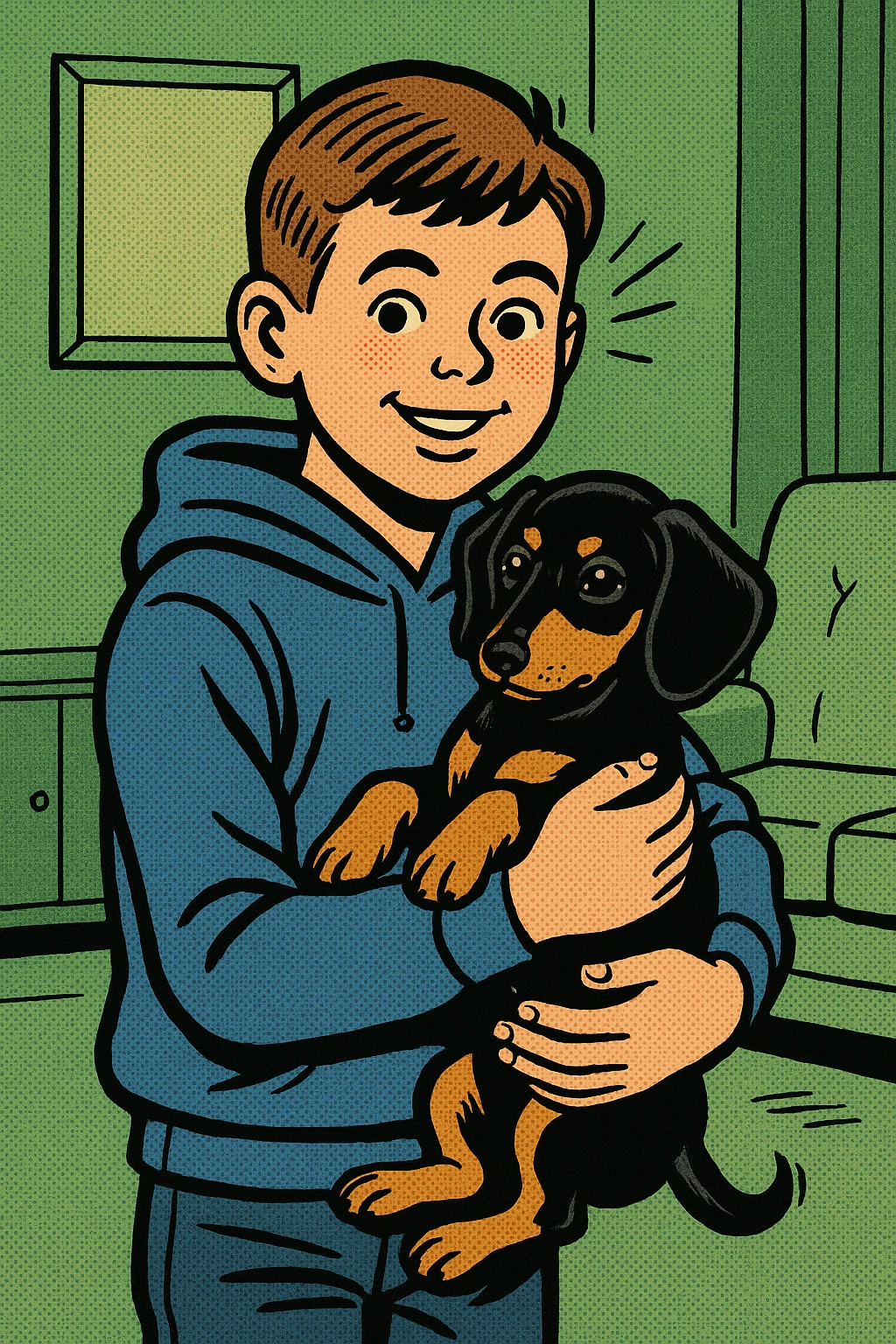 A modern day 10 year old wearing a blue hoodie with a black and tan puppy dachshund in a green living room emoji