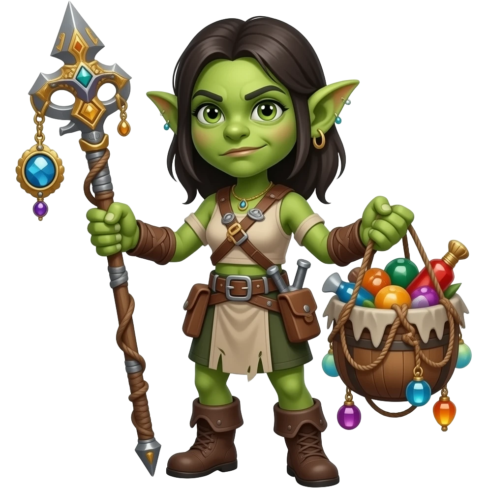 Kind Green Goblin woman fantasy adventurer with junk trinkets emoji