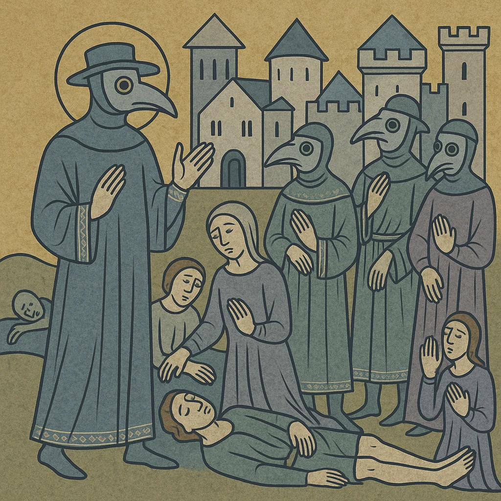 medieval town during the Black Death with people wearing masks in historical style emoji