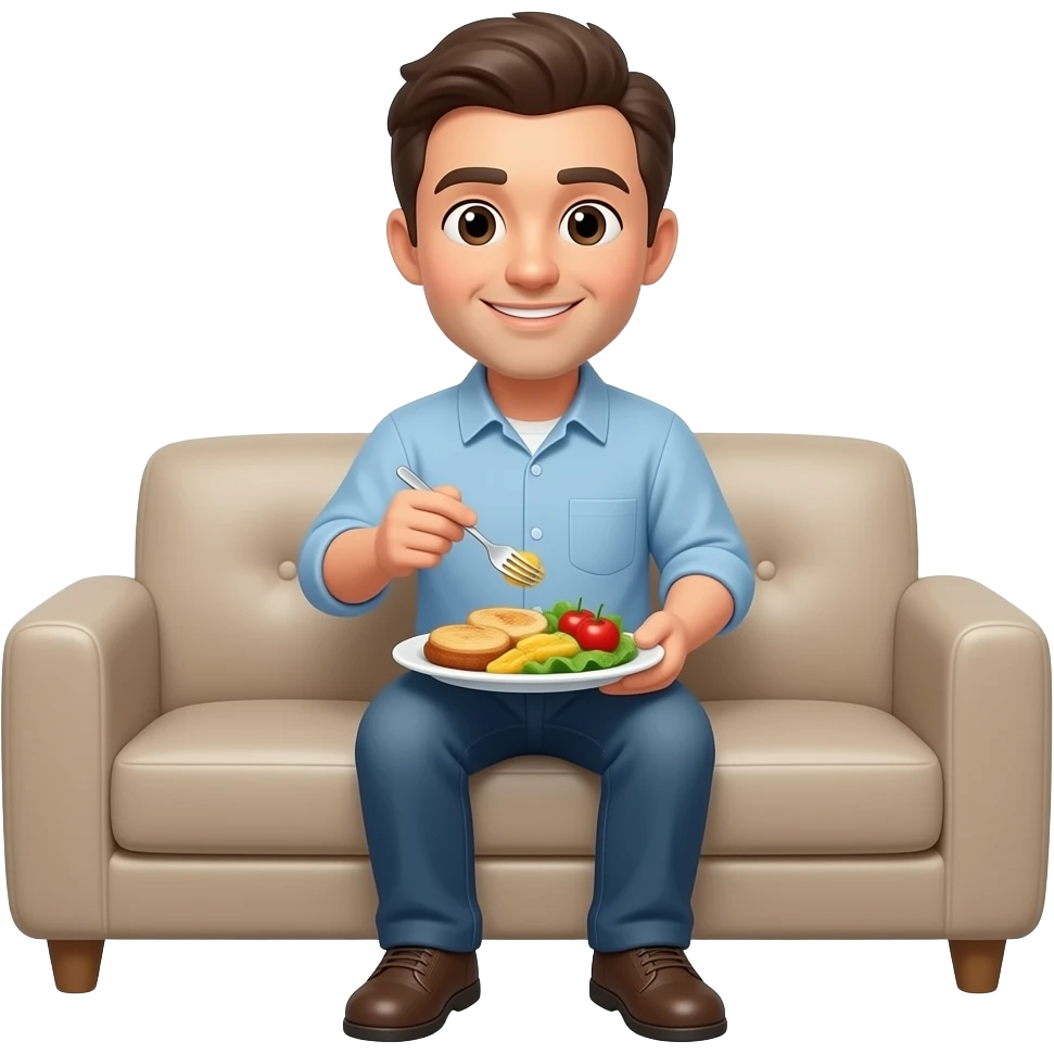 Man sitting on sofa with meal on his hands emoji