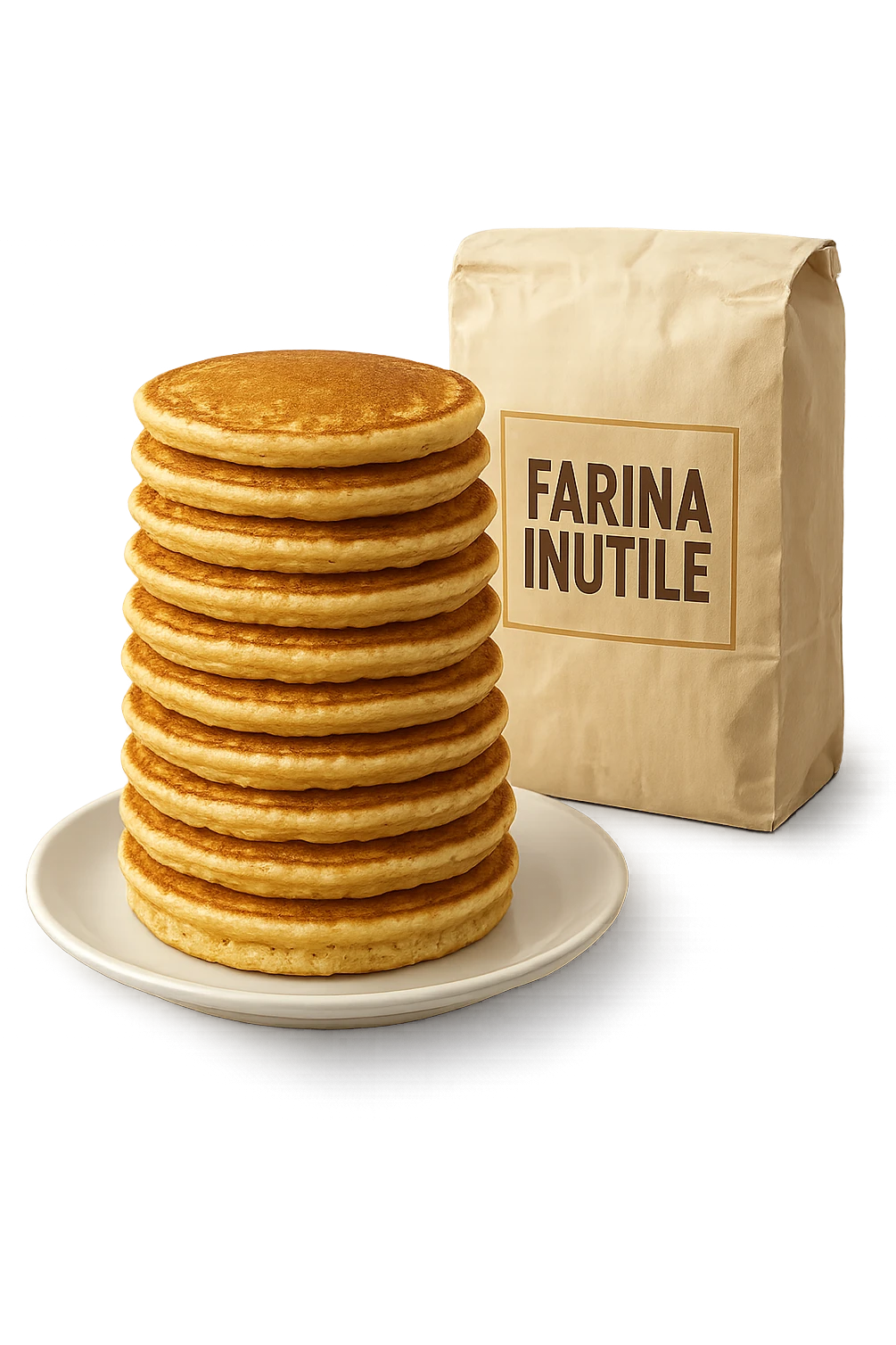 UN PIATTO CON TORRETTA DI PANCAKE E UN PACCO DI FARINA DIETRO CON LA SCRITTA "FARINA INUTILE" SUL PACCO,  iperrealistico 4k emoji