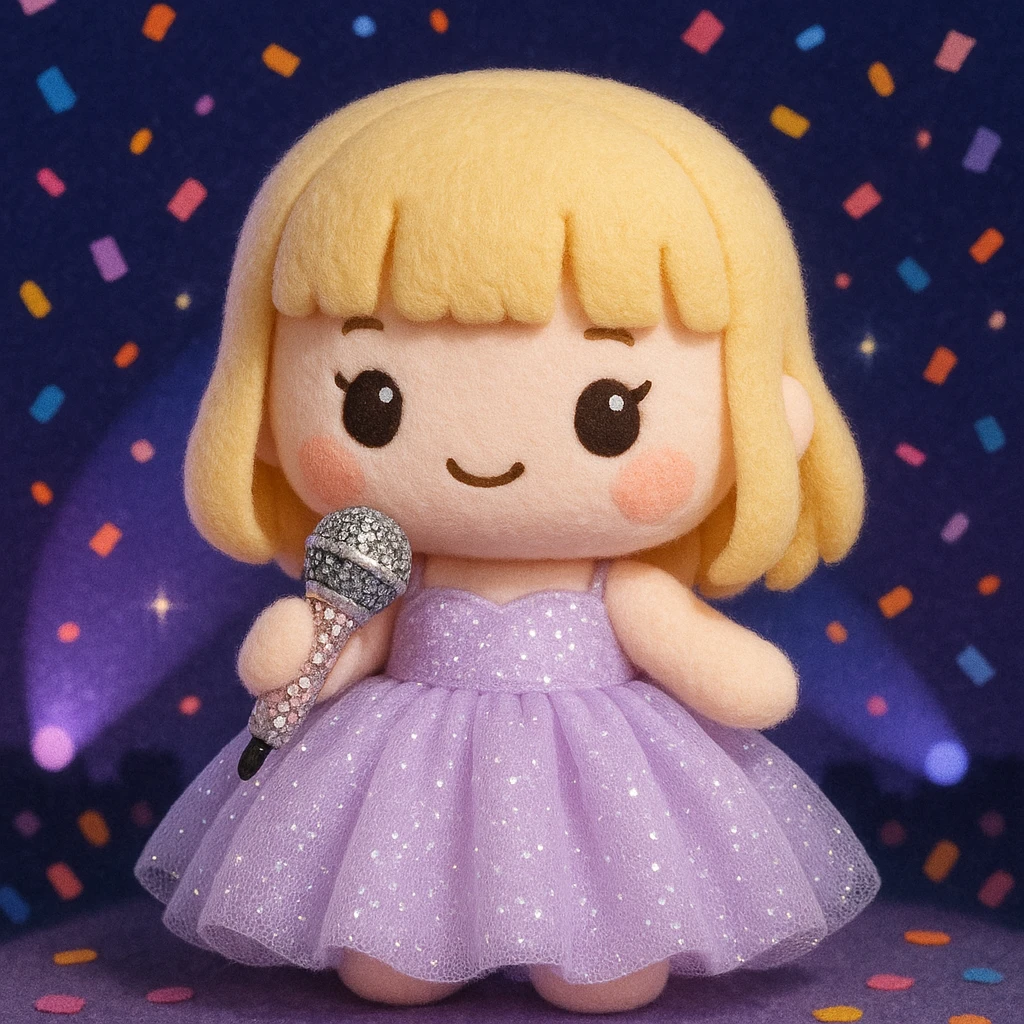 Pretty and girly Blonde pop star with bangs wearing a sparkly tulle light purple ballgown, holding a bedazzled microphone, reimagined as a soft kawaii plushie doll, with a nighttime concert backdrop with colorful confetti emoji