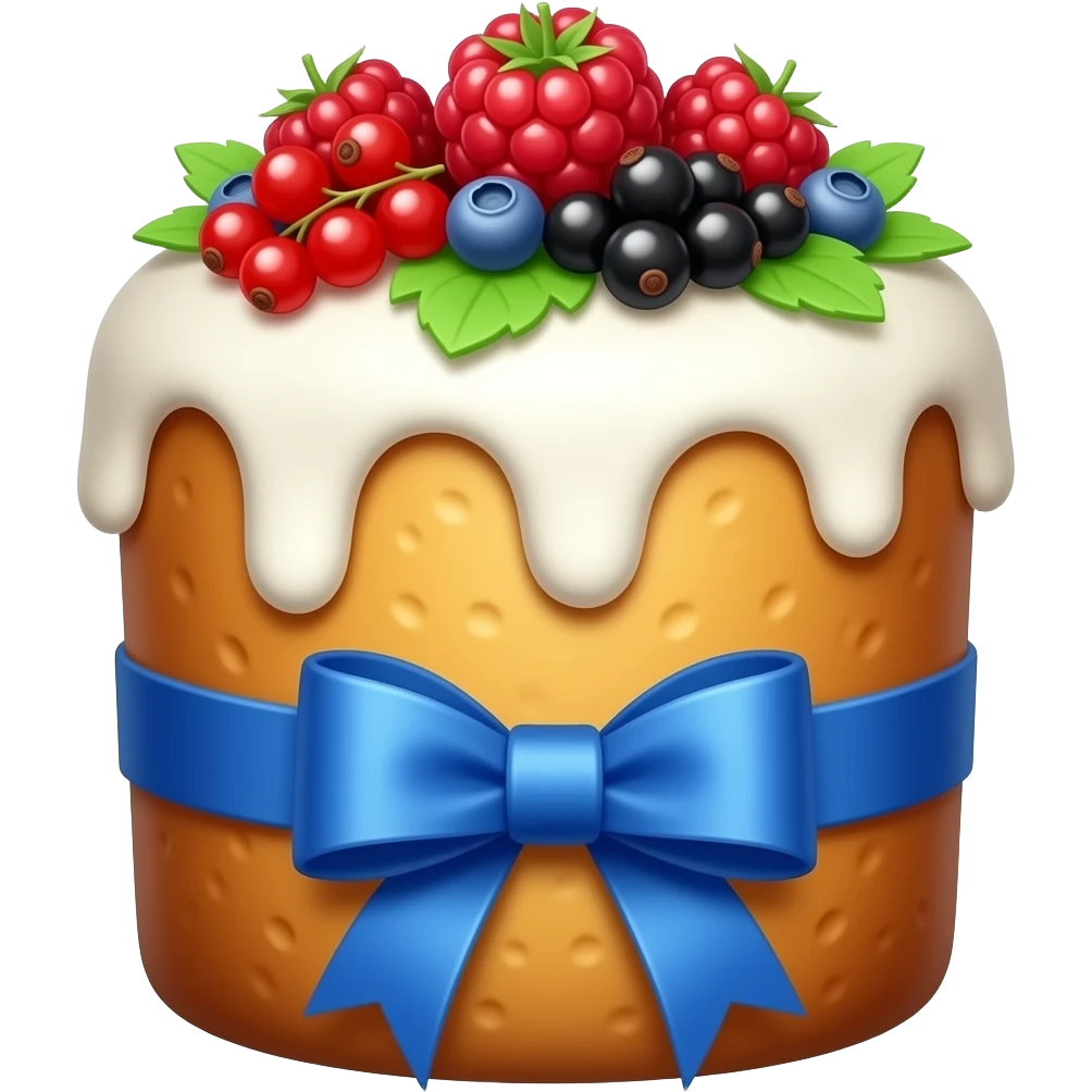 панеттоне золотистого цвета, высокий, с белой глазурью и украшением сверху из ягодок малины, грозди смородины красной черной, черники, зелеными лепестками, с голубой ленточкой emoji