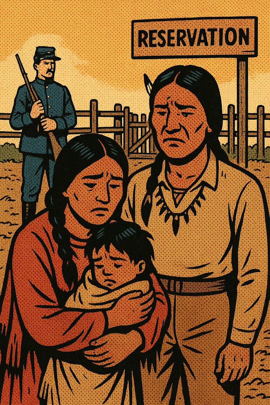 A native american family in the 1880s with a mother, father and small child looking sad. They are standing in a native American reservation with a US soldier from the 1880s with his rifle guarding a wooden reservation fence. There is a sign saying reservation in the background.  The ground is poor quality dry soil. emoji