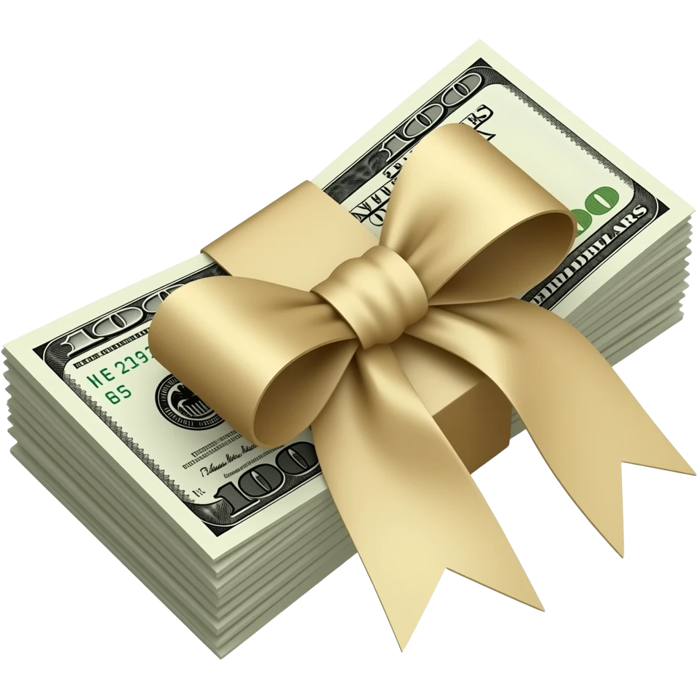 Un fajo de billetes de dollars envuelto con un lazo grande en color beige emoji