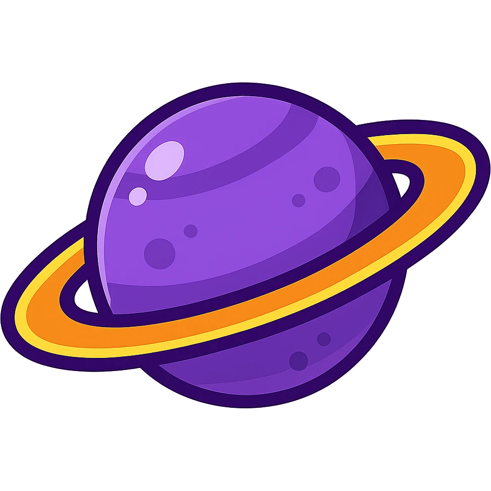 purple Saturn planet with glowing rings, cartoon style emoji