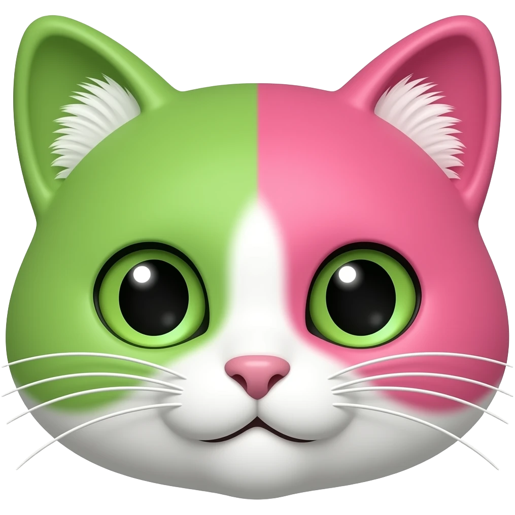 Green half pink cat face with earhole fluff emoji