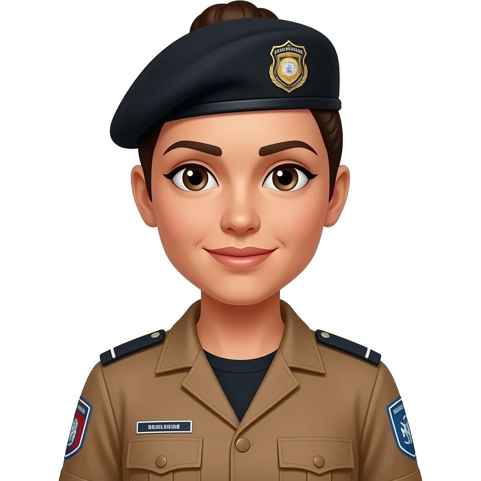 Sargento Gianne Policial militar da bahia feminina morena com cabelo amarrado no coque boina preta e farda marrom e camisa preta por dentro da farda sem enfeites na farda prestando continência emoji